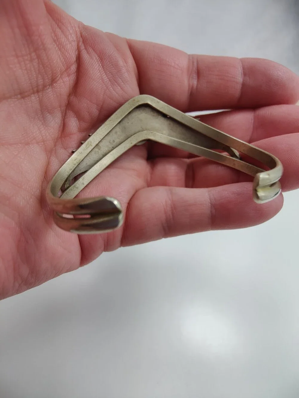 Vintage Mexico Abalone Shell Heart Wing Cuff Bracelet Alpaca Silver Tone